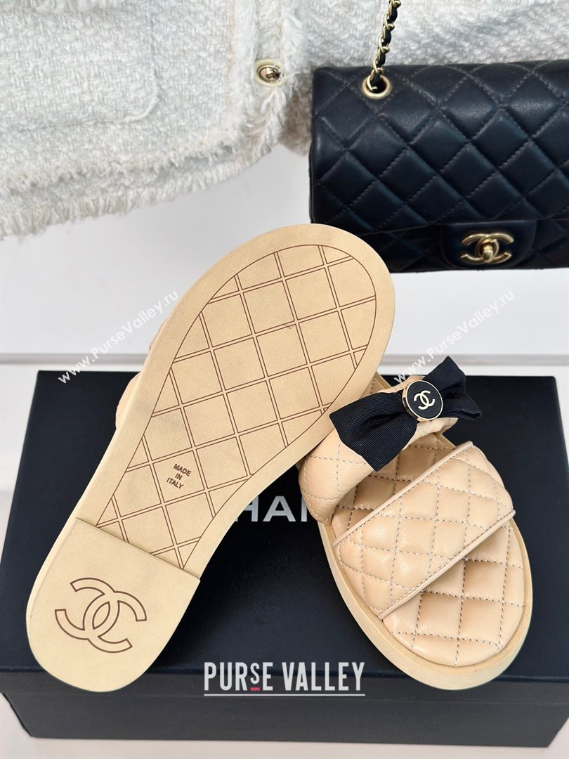 Chanel Lambskin Flat Slide Sandals with Bow Beige 2024 0323 (MD-240323075)