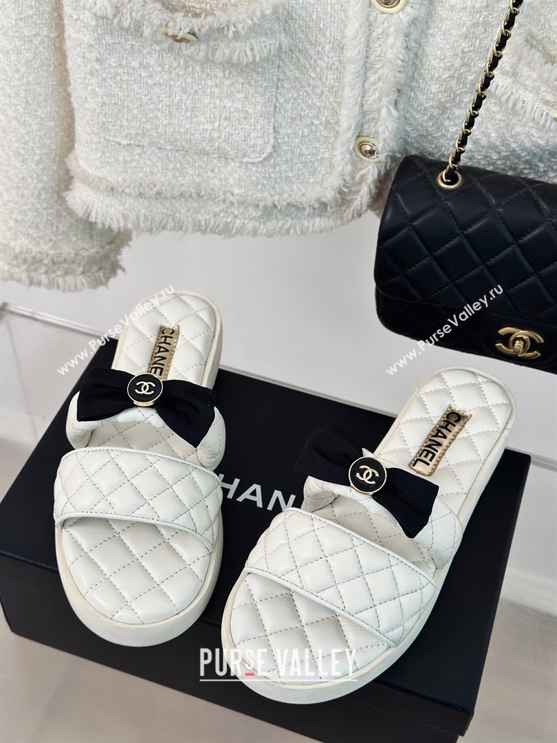 Chanel Lambskin Flat Slide Sandals with Bow White 2024 0323 (MD-240323076)