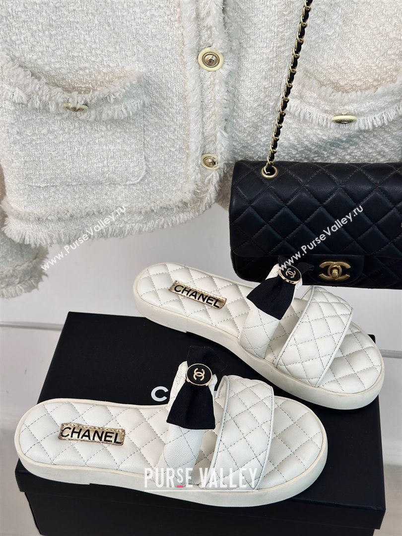 Chanel Lambskin Flat Slide Sandals with Bow White 2024 0323 (MD-240323076)