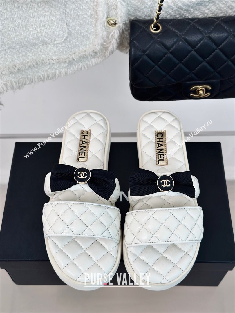 Chanel Lambskin Flat Slide Sandals with Bow White 2024 0323 (MD-240323076)