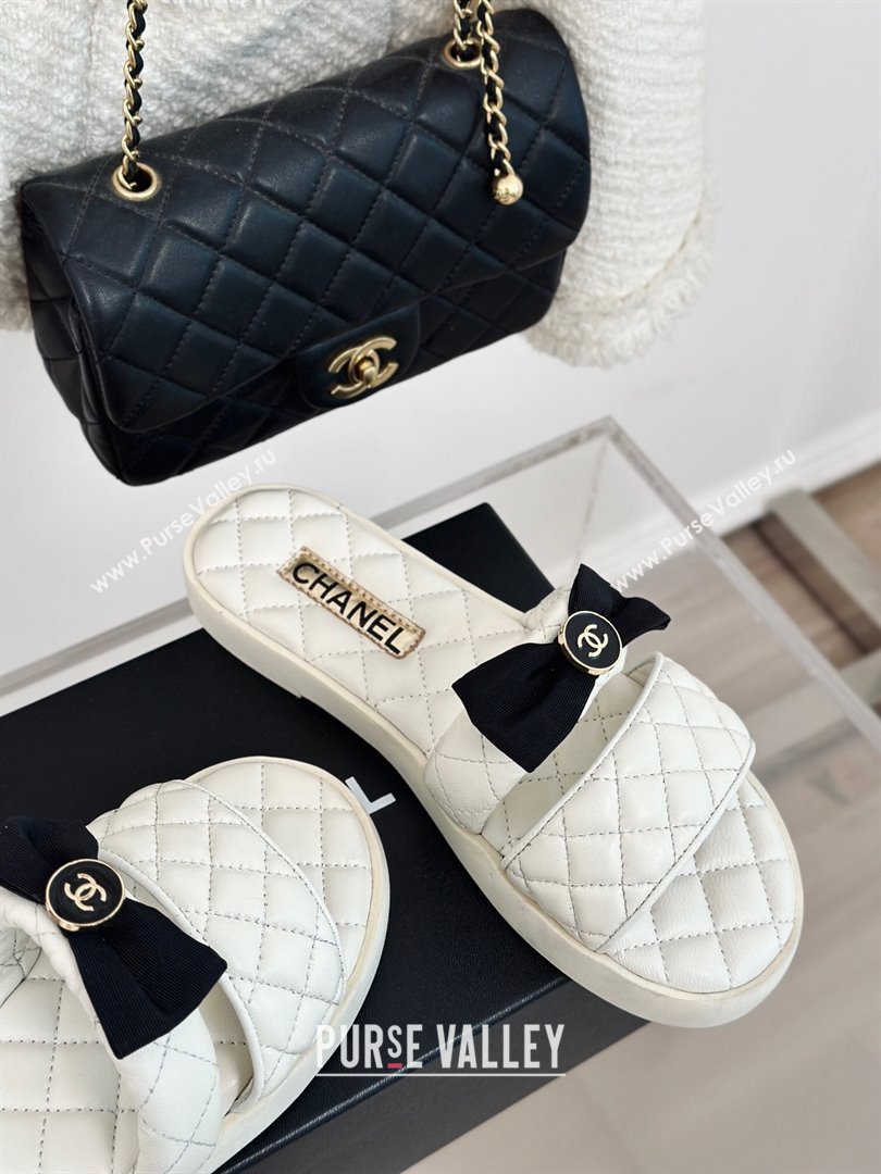 Chanel Lambskin Flat Slide Sandals with Bow White 2024 0323 (MD-240323076)