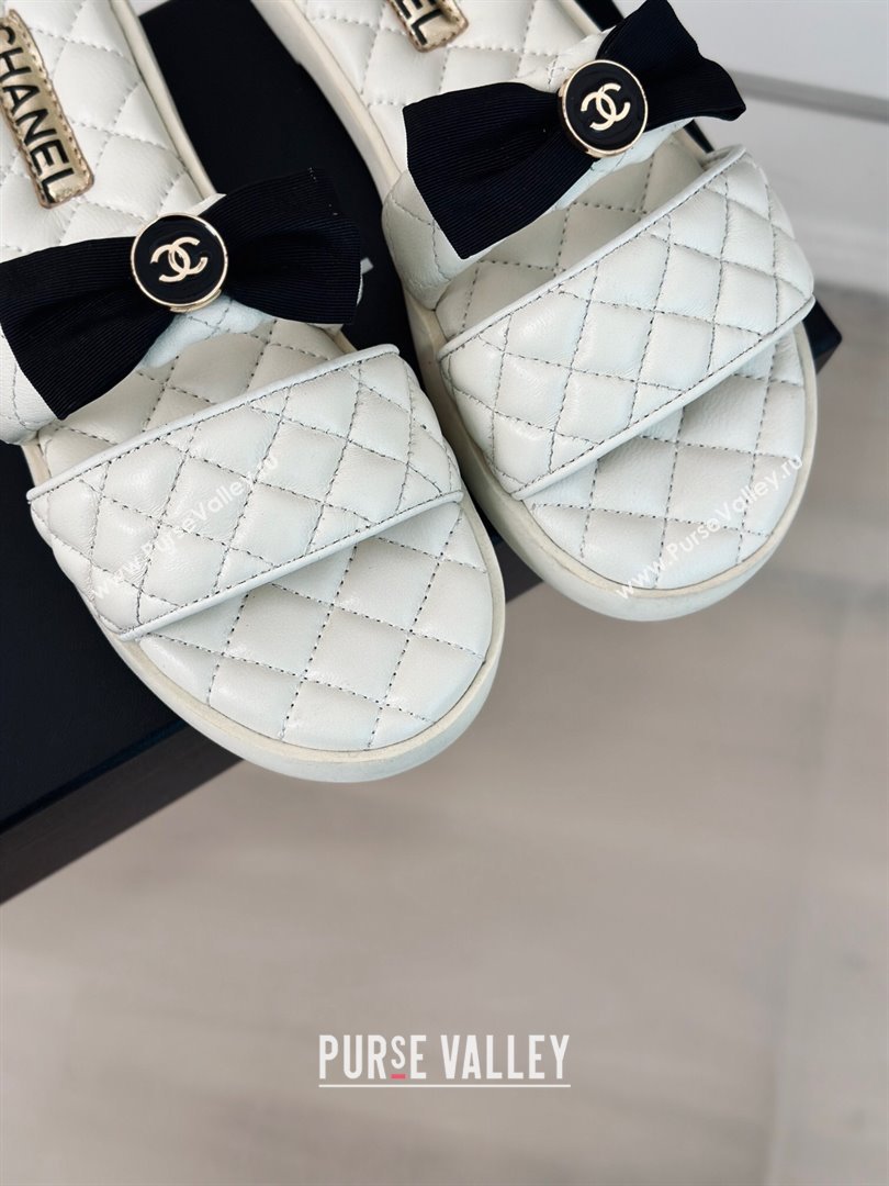 Chanel Lambskin Flat Slide Sandals with Bow White 2024 0323 (MD-240323076)