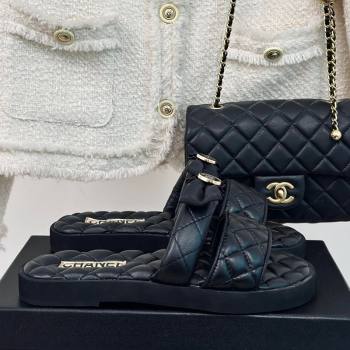 Chanel Lambskin Flat Slide Sandals with Bow Black 2024 0323 (MD-240323077)