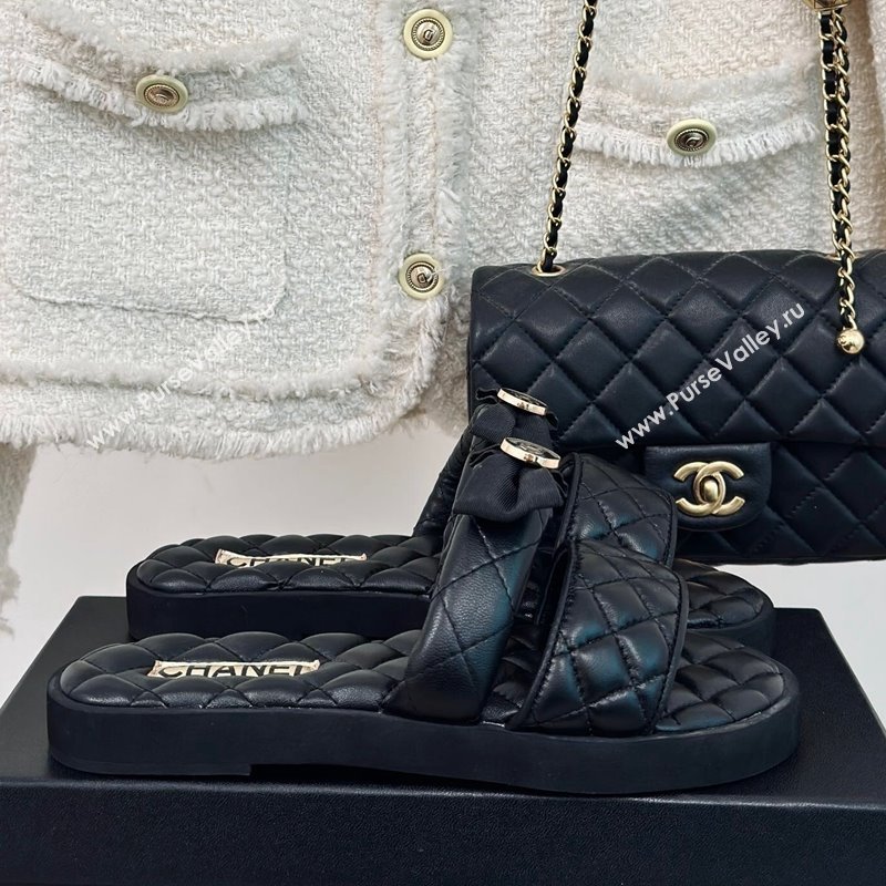 Chanel Lambskin Flat Slide Sandals with Bow Black 2024 0323 (MD-240323077)
