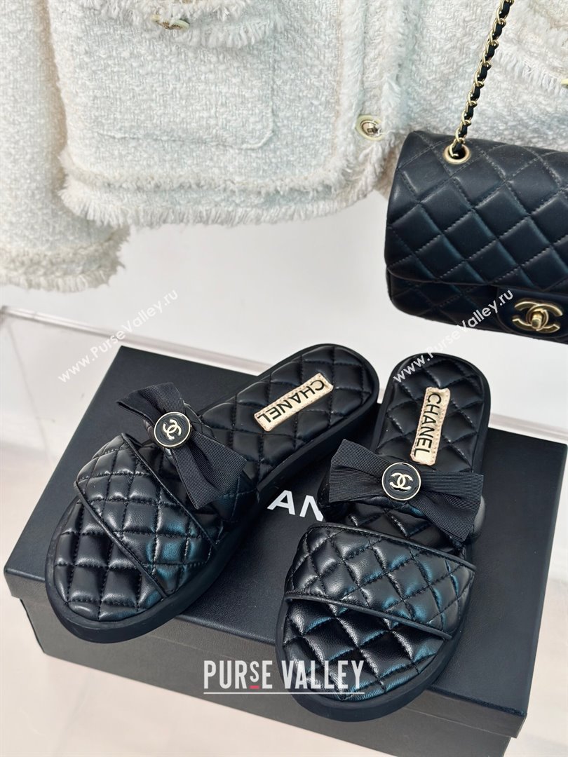 Chanel Lambskin Flat Slide Sandals with Bow Black 2024 0323 (MD-240323077)