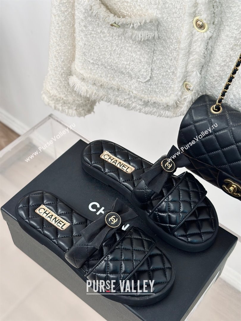 Chanel Lambskin Flat Slide Sandals with Bow Black 2024 0323 (MD-240323077)