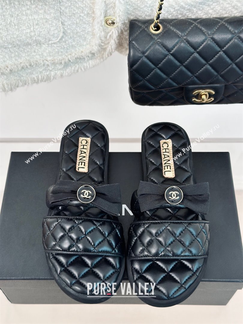 Chanel Lambskin Flat Slide Sandals with Bow Black 2024 0323 (MD-240323077)