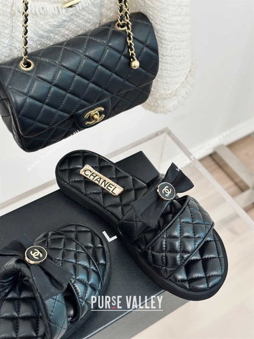 Chanel Lambskin Flat Slide Sandals with Bow Black 2024 0323 (MD-240323077)