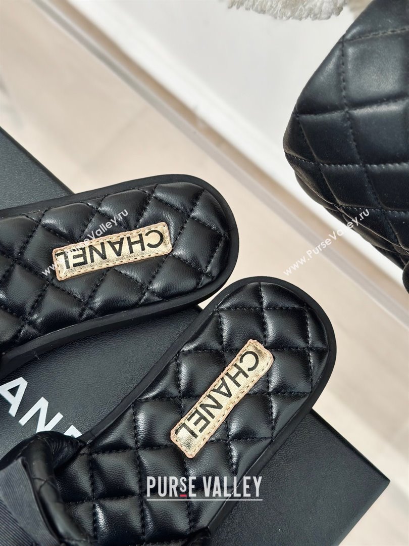 Chanel Lambskin Flat Slide Sandals with Bow Black 2024 0323 (MD-240323077)