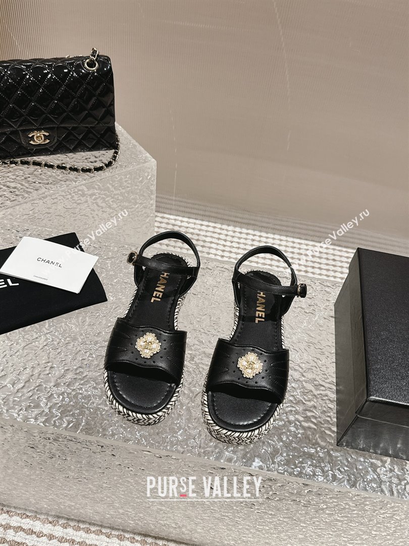 Chanel Lambskin Flat Sandals with Pearls Bloom Black 2024 0323 (MD-240323088)