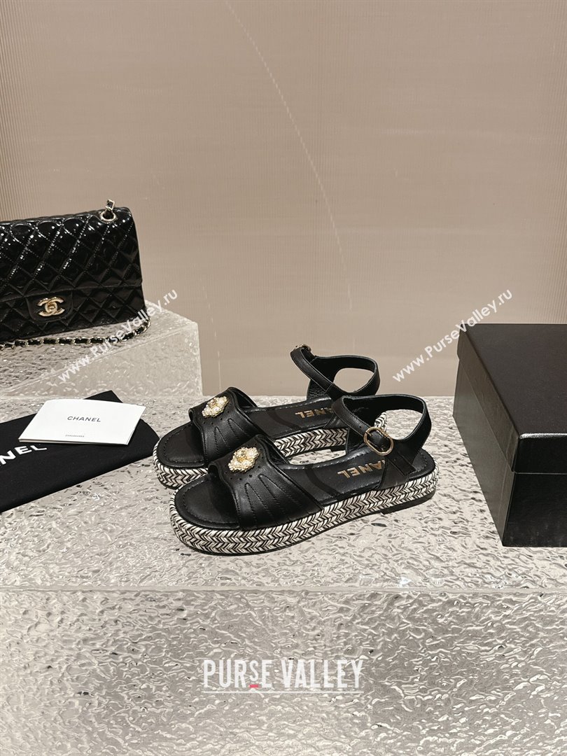 Chanel Lambskin Flat Sandals with Pearls Bloom Black 2024 0323 (MD-240323088)