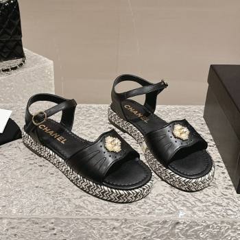 Chanel Lambskin Flat Sandals with Pearls Bloom Black 2024 0323 (MD-240323088)