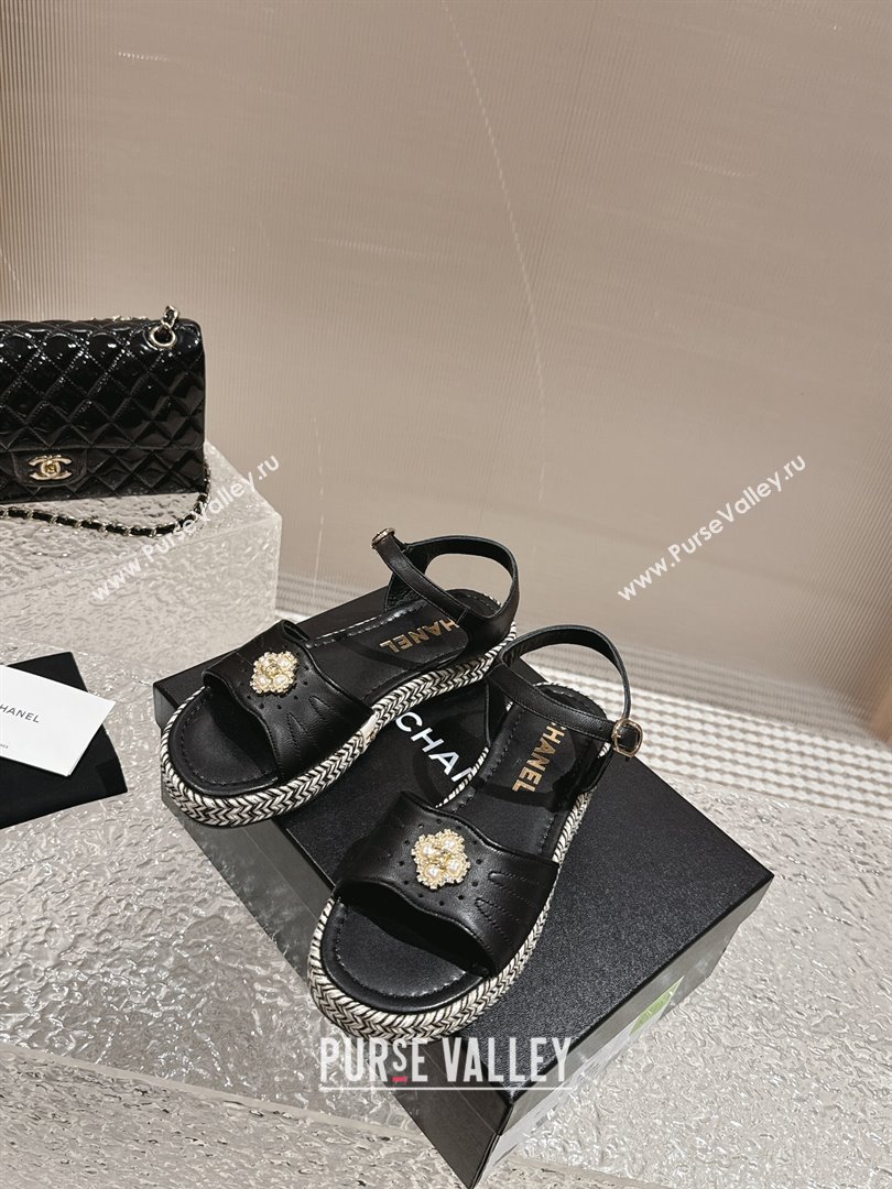 Chanel Lambskin Flat Sandals with Pearls Bloom Black 2024 0323 (MD-240323088)