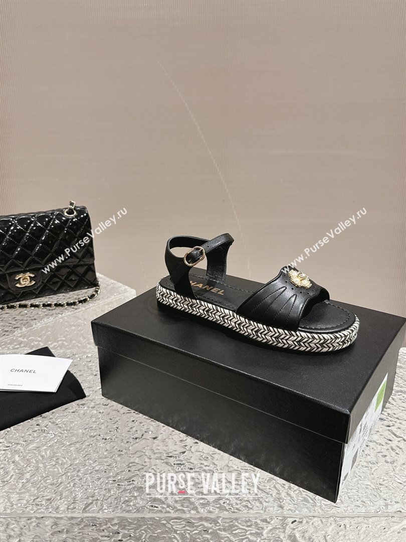 Chanel Lambskin Flat Sandals with Pearls Bloom Black 2024 0323 (MD-240323088)