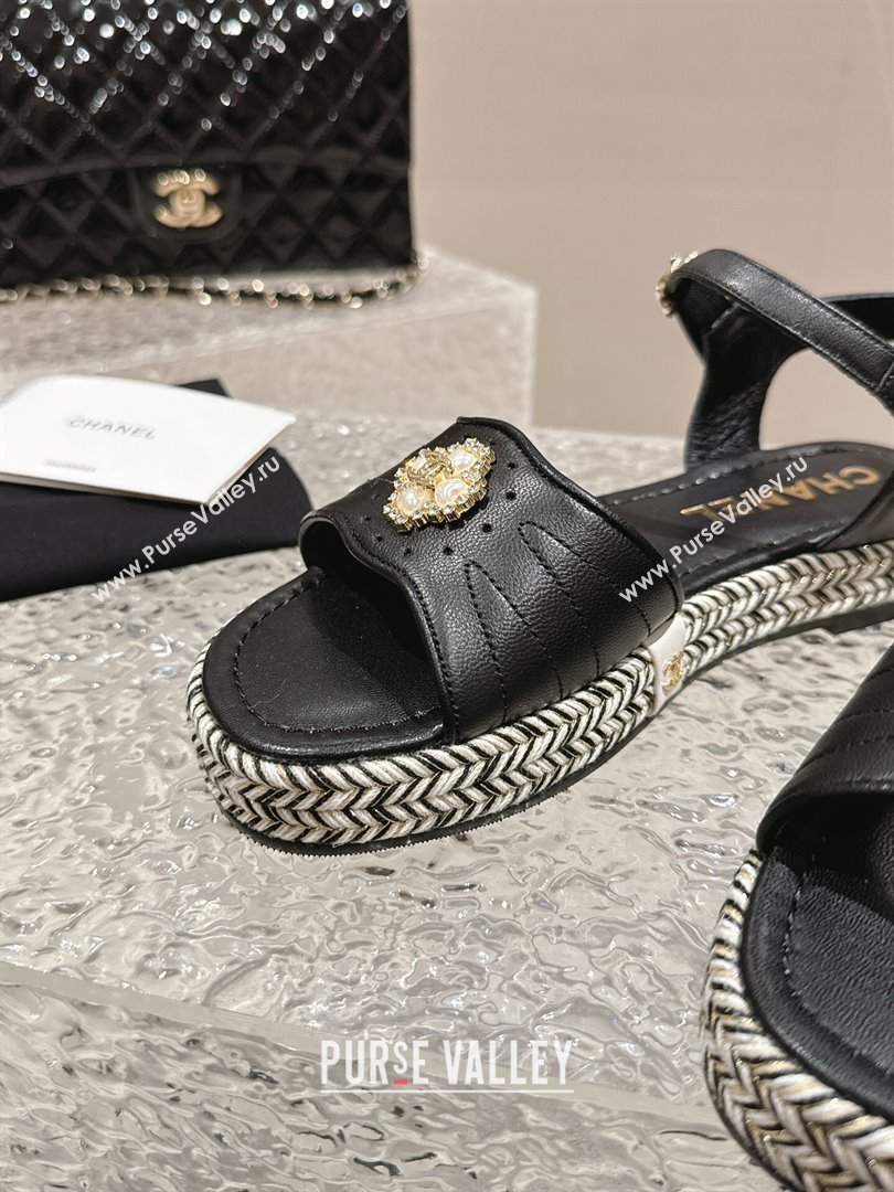 Chanel Lambskin Flat Sandals with Pearls Bloom Black 2024 0323 (MD-240323088)