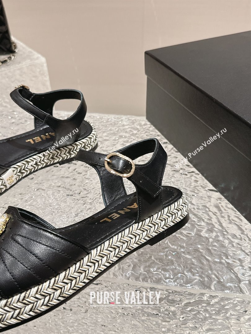 Chanel Lambskin Flat Sandals with Pearls Bloom Black 2024 0323 (MD-240323088)