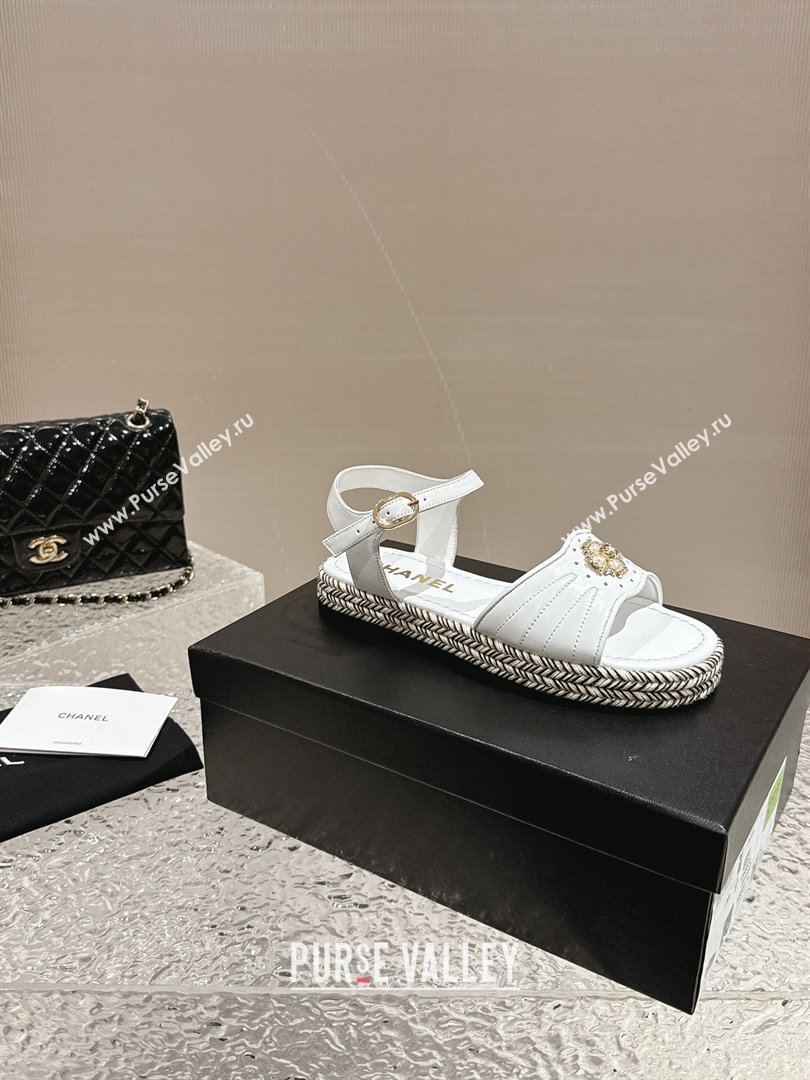 Chanel Lambskin Flat Sandals with Pearls Bloom White 2024 0323 (MD-240323089)