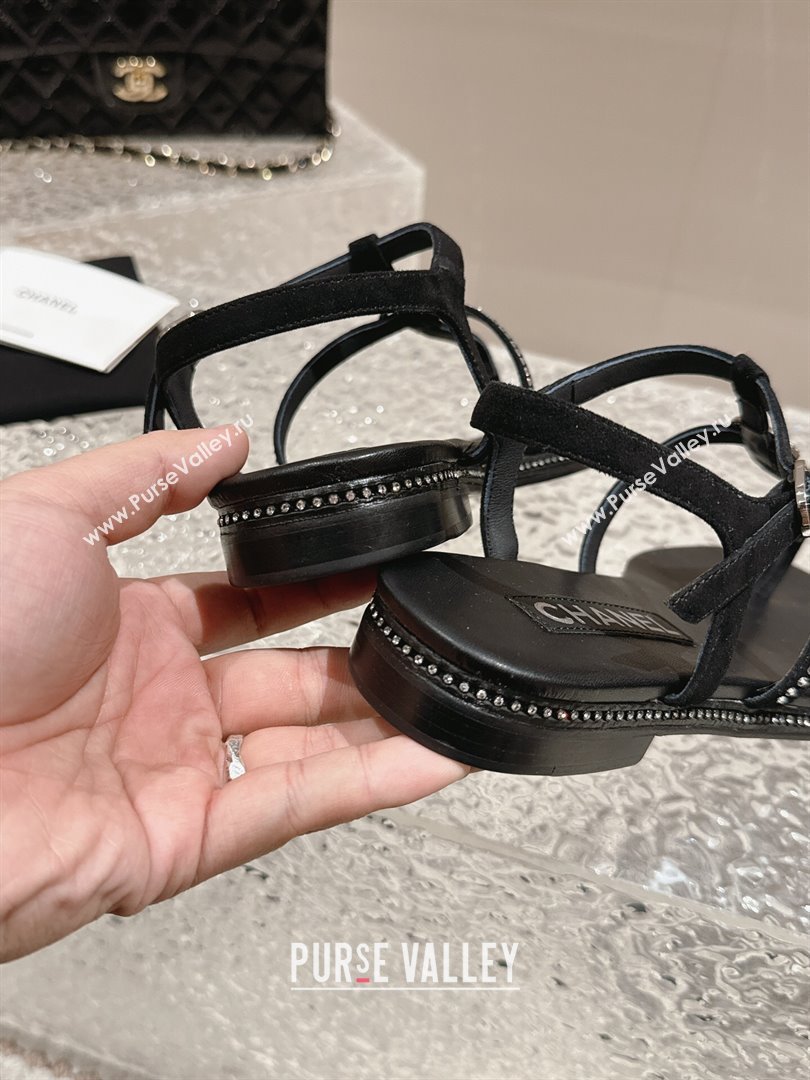 Chanel Suede Flat Sandals with Crystals Black 2024 0325 (MD-240325001)