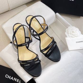 Chanel Logo Fabric Strap Heel Sandals 8cm Black 2024 0325 (SS-240325006)