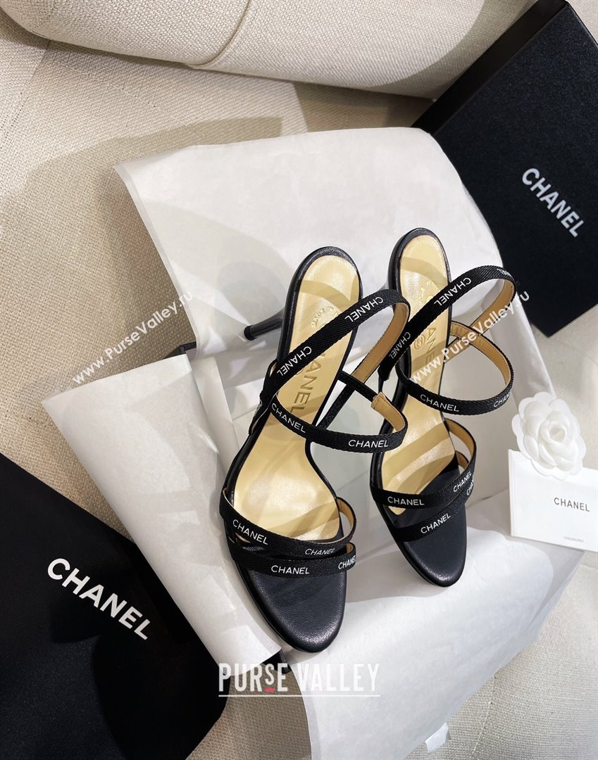 Chanel Logo Fabric Strap Heel Sandals 8cm Black 2024 0325 (SS-240325006)