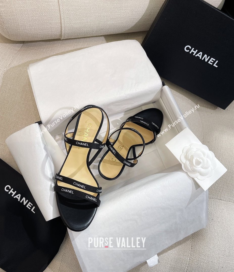 Chanel Logo Fabric Strap Heel Sandals 8cm Black 2024 0325 (SS-240325006)