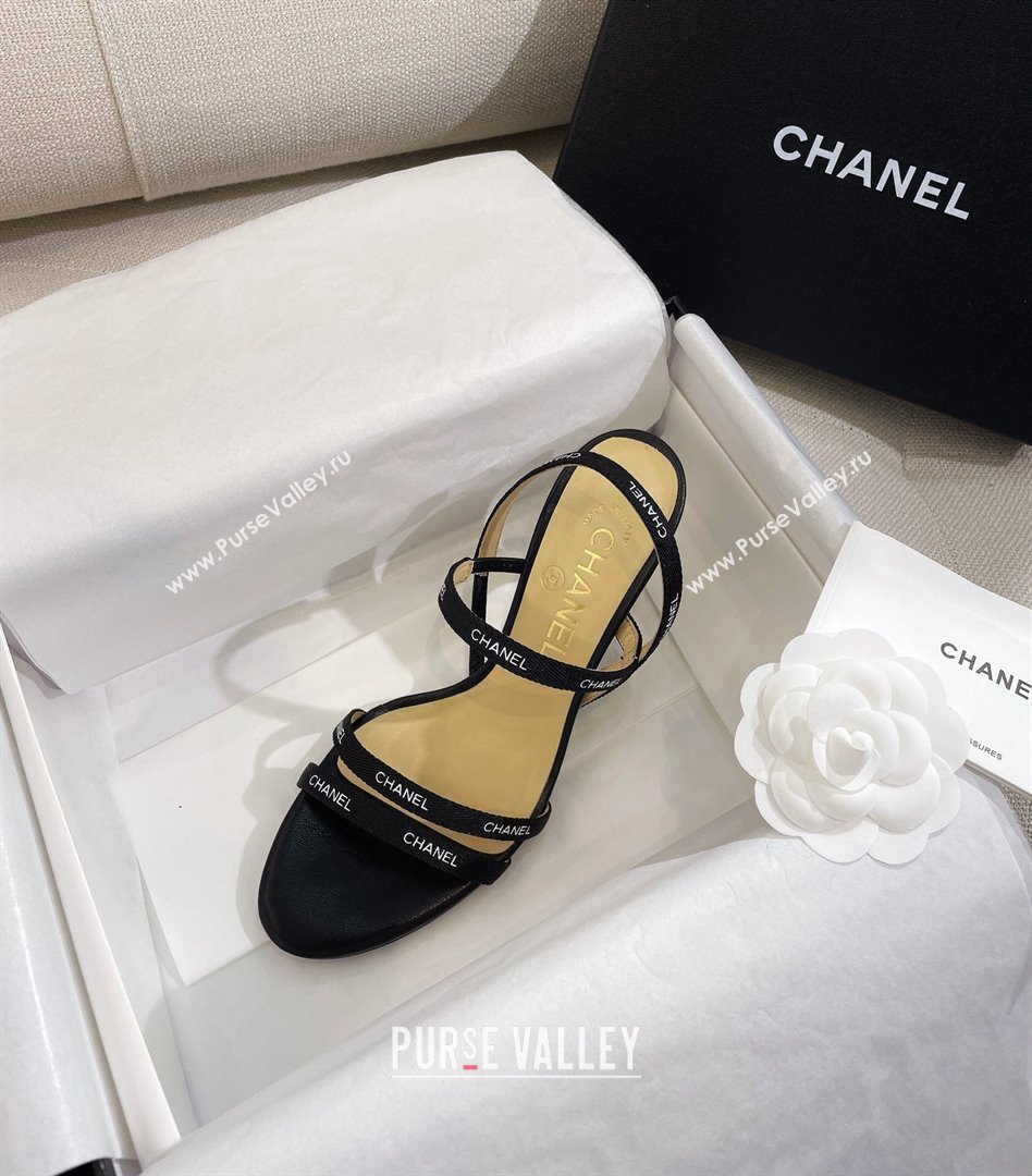 Chanel Logo Fabric Strap Heel Sandals 8cm Black 2024 0325 (SS-240325006)