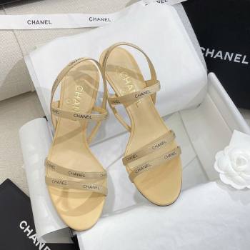 Chanel Logo Fabric Strap Heel Sandals 8cm Beige 2024 0325 (SS-240325008)