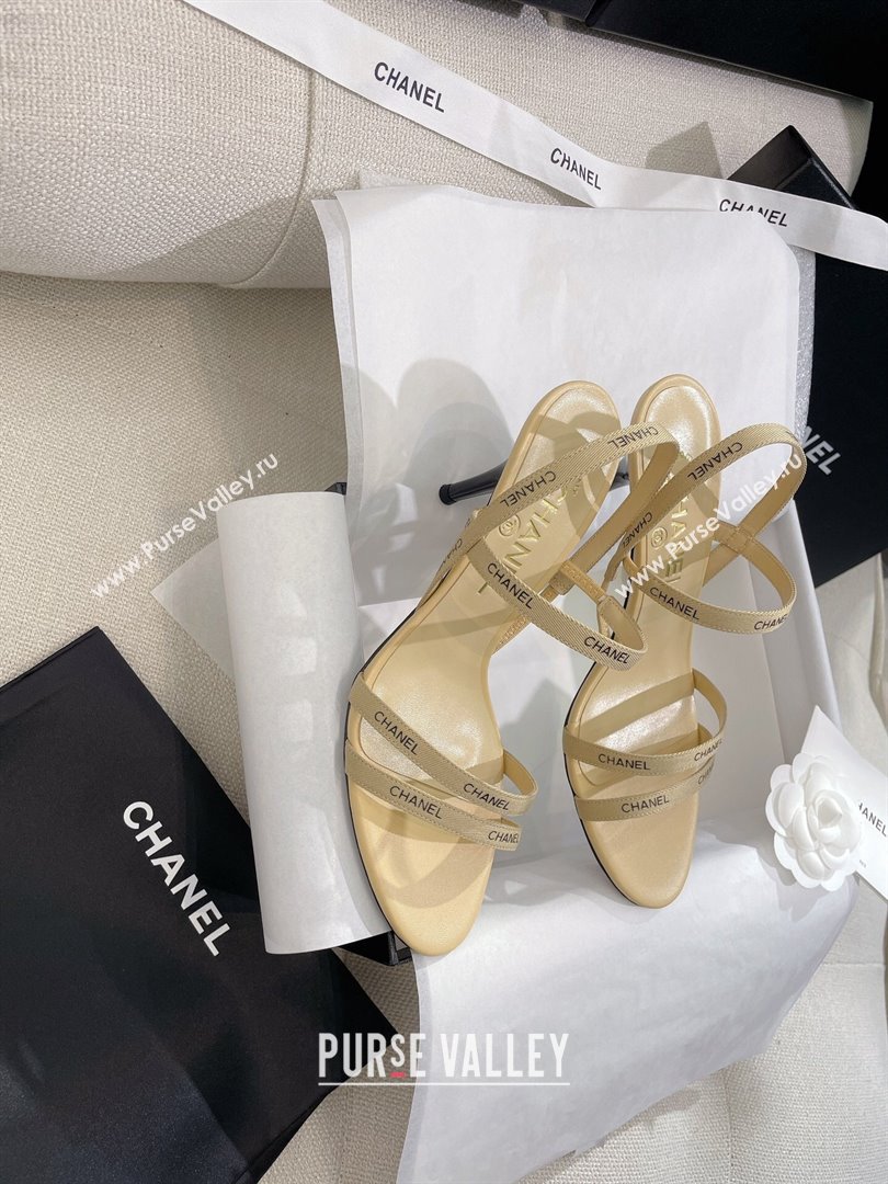 Chanel Logo Fabric Strap Heel Sandals 8cm Beige 2024 0325 (SS-240325008)