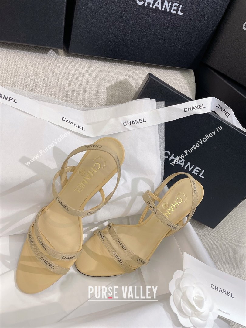 Chanel Logo Fabric Strap Heel Sandals 8cm Beige 2024 0325 (SS-240325008)