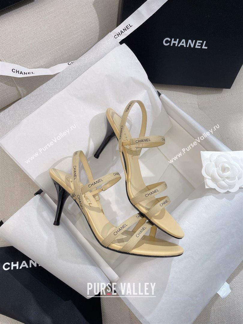 Chanel Logo Fabric Strap Heel Sandals 8cm Beige 2024 0325 (SS-240325008)