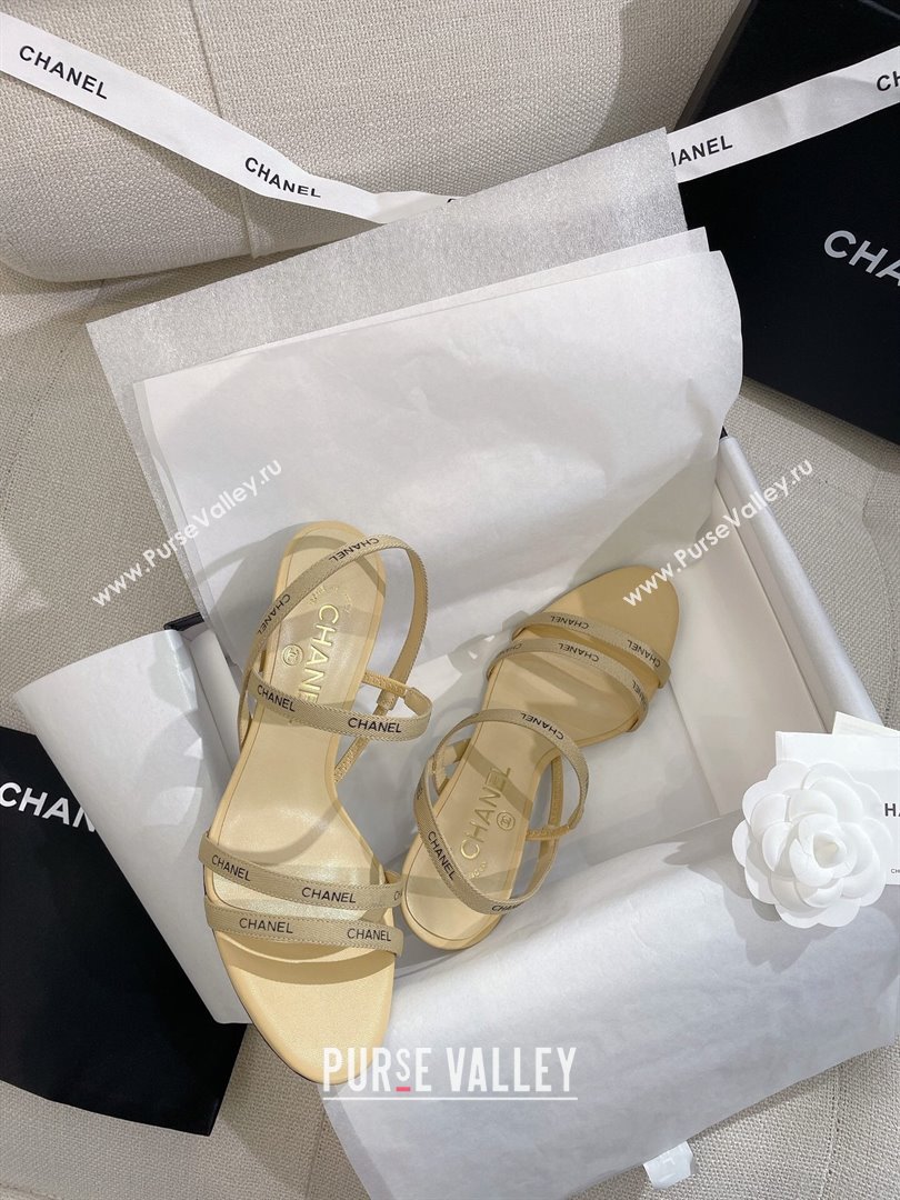 Chanel Logo Fabric Strap Heel Sandals 8cm Beige 2024 0325 (SS-240325008)