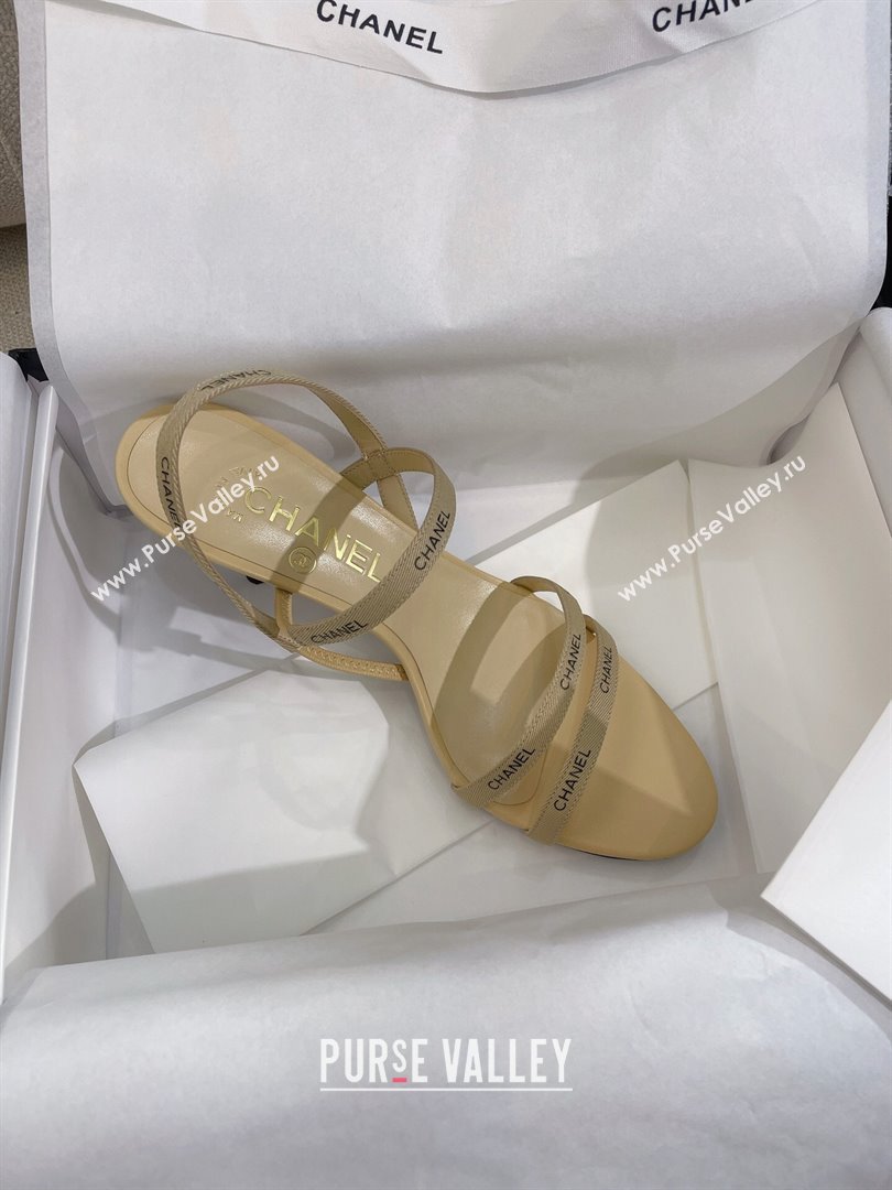 Chanel Logo Fabric Strap Heel Sandals 8cm Beige 2024 0325 (SS-240325008)