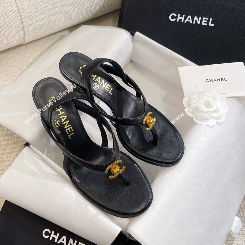 Chanel Thong Heel Sandals 6cm with CC Studs Black 2024 0325 (SS-240325009)