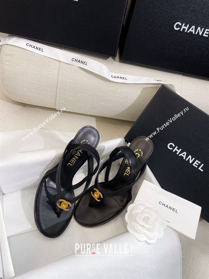 Chanel Thong Heel Sandals 6cm with CC Studs Black 2024 0325 (SS-240325009)