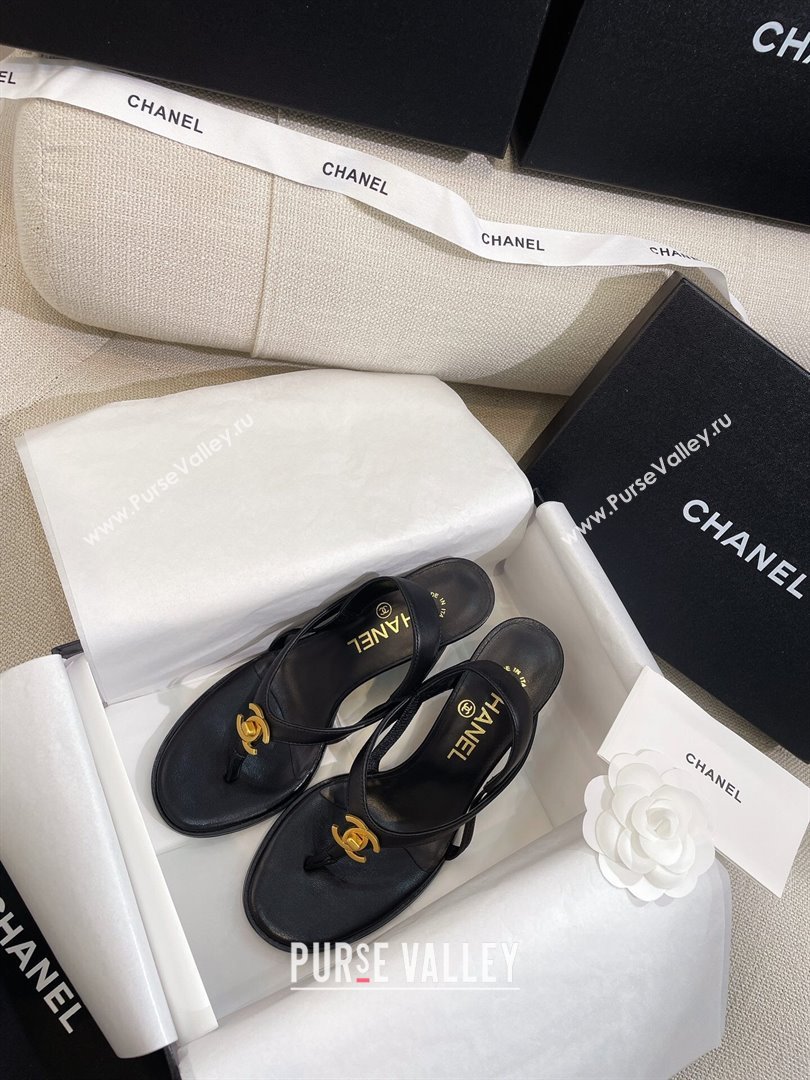 Chanel Thong Heel Sandals 6cm with CC Studs Black 2024 0325 (SS-240325009)