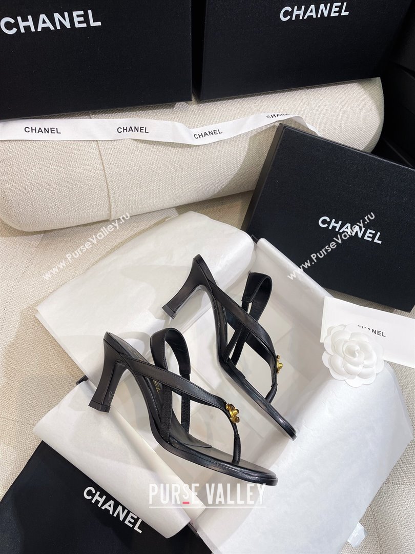 Chanel Thong Heel Sandals 6cm with CC Studs Black 2024 0325 (SS-240325009)