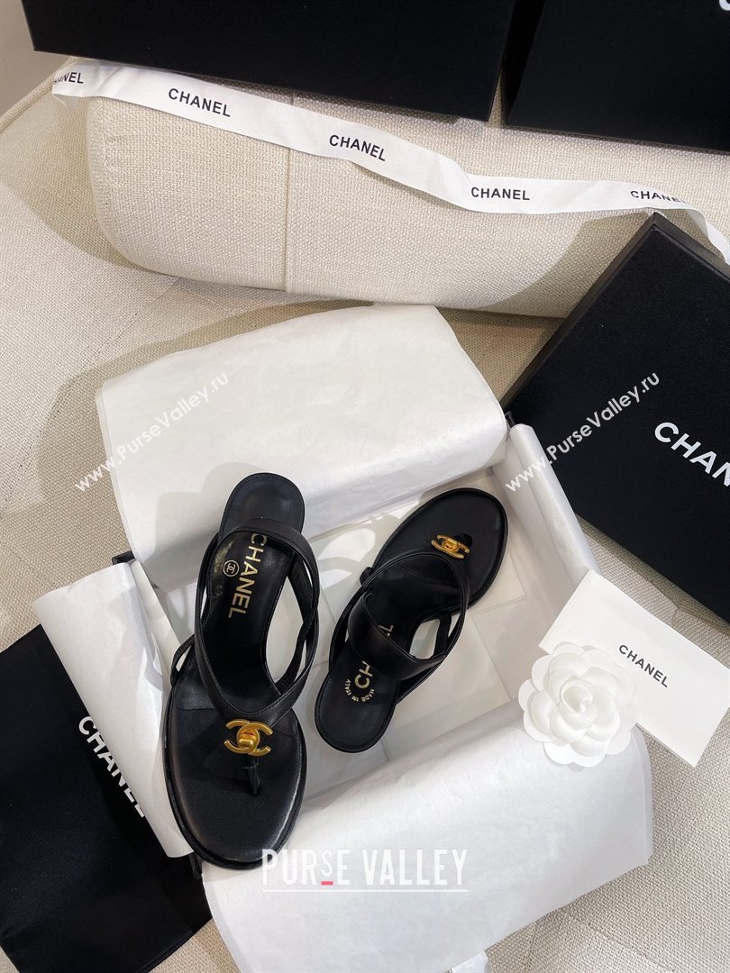 Chanel Thong Heel Sandals 6cm with CC Studs Black 2024 0325 (SS-240325009)