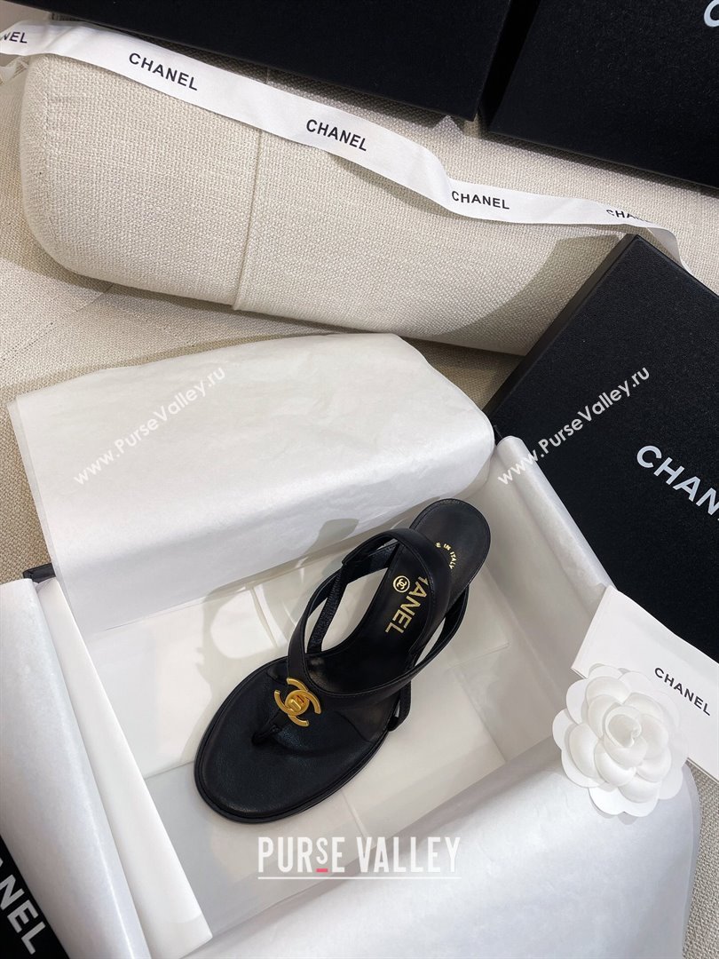 Chanel Thong Heel Sandals 6cm with CC Studs Black 2024 0325 (SS-240325009)