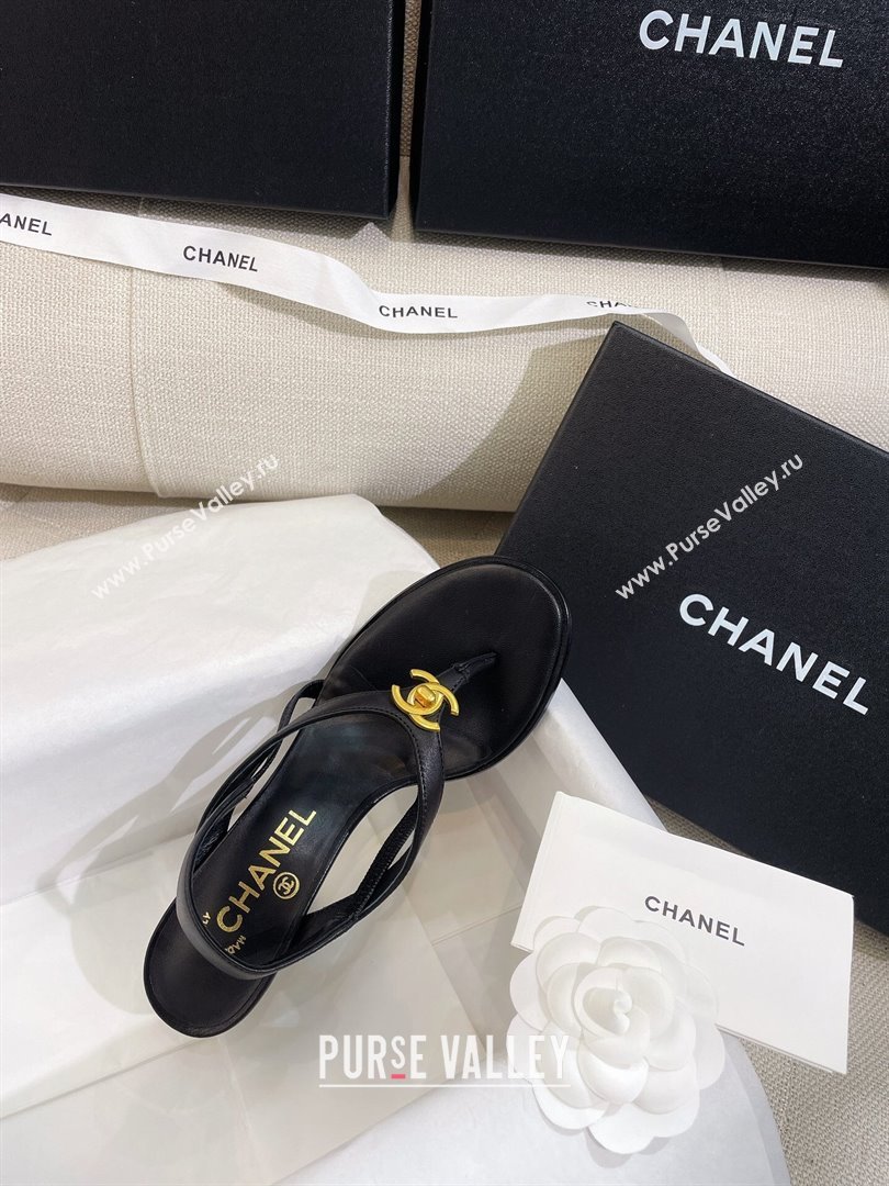 Chanel Thong Heel Sandals 6cm with CC Studs Black 2024 0325 (SS-240325009)