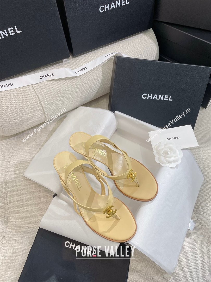 Chanel Thong Heel Sandals 6cm with CC Studs Beige 2024 0325 (SS-240325010)