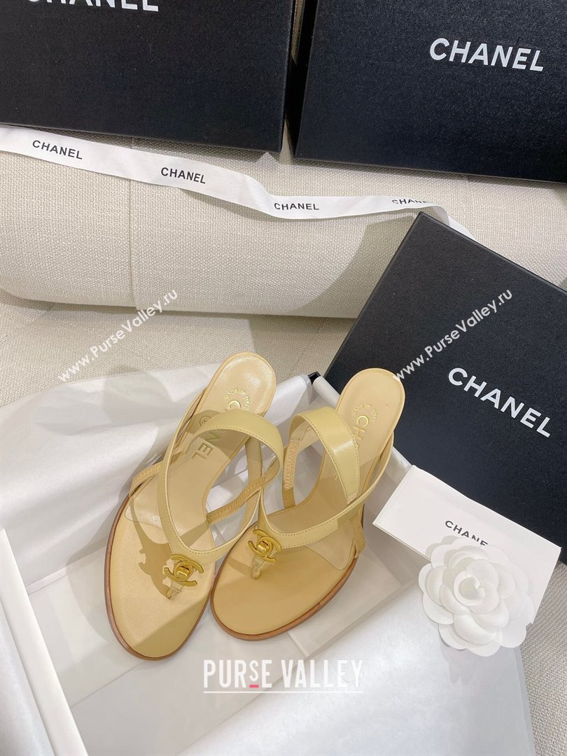 Chanel Thong Heel Sandals 6cm with CC Studs Beige 2024 0325 (SS-240325010)