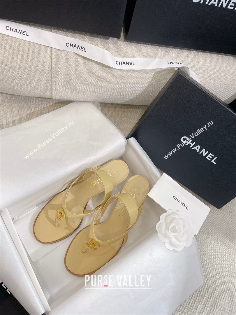 Chanel Thong Heel Sandals 6cm with CC Studs Beige 2024 0325 (SS-240325010)