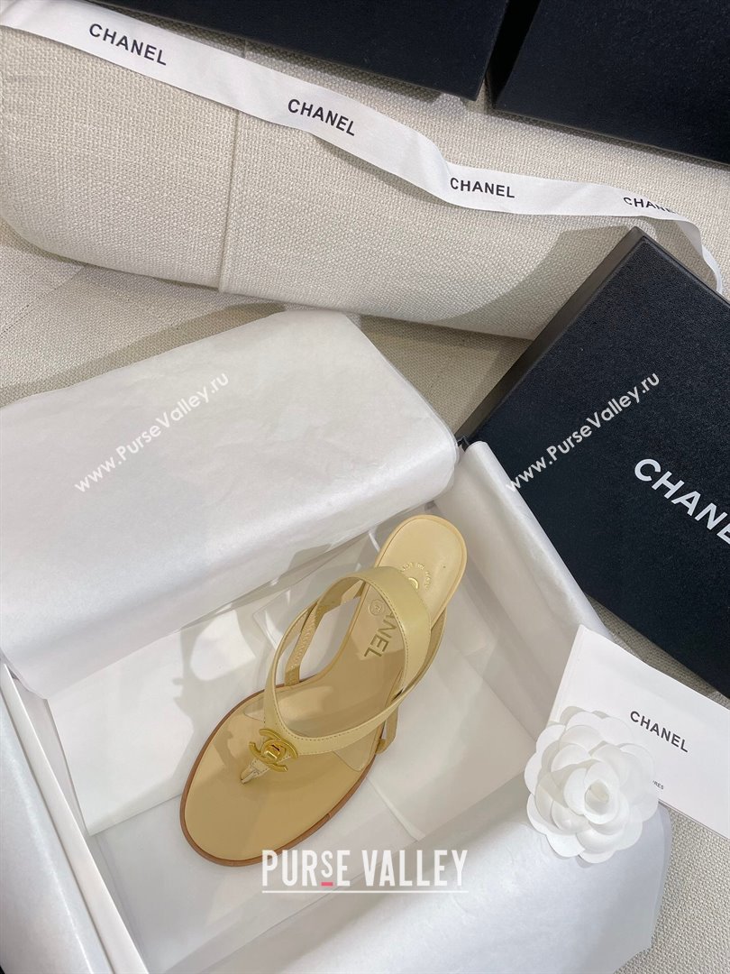 Chanel Thong Heel Sandals 6cm with CC Studs Beige 2024 0325 (SS-240325010)