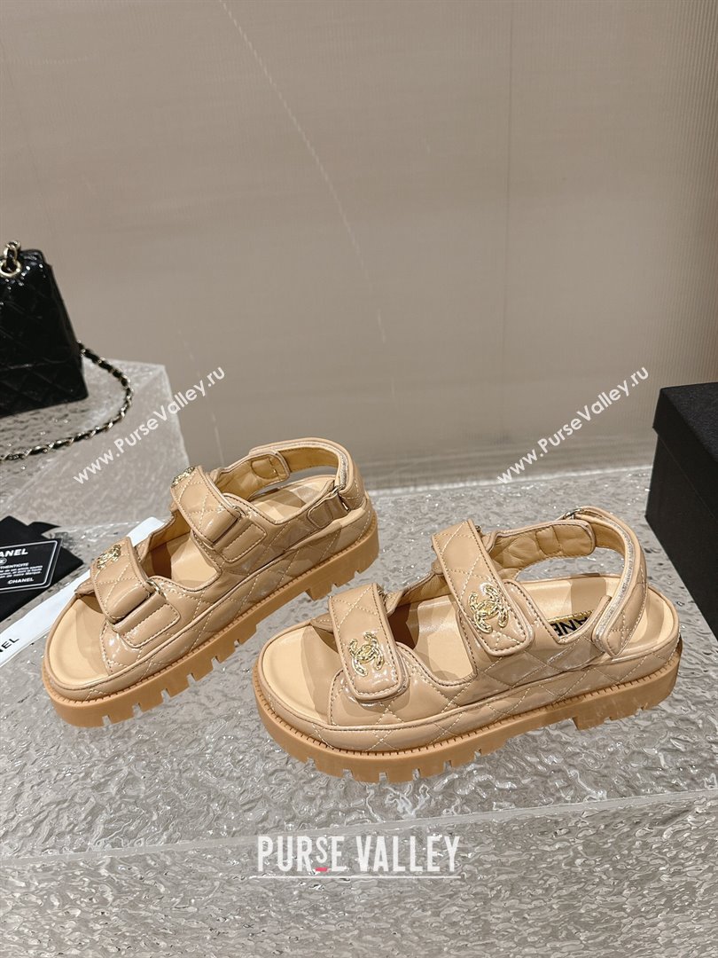 Chanel Calfskin Platform Strap Sandals with Metal-Tone CC Beige 2024 0322 (MD-240322078)