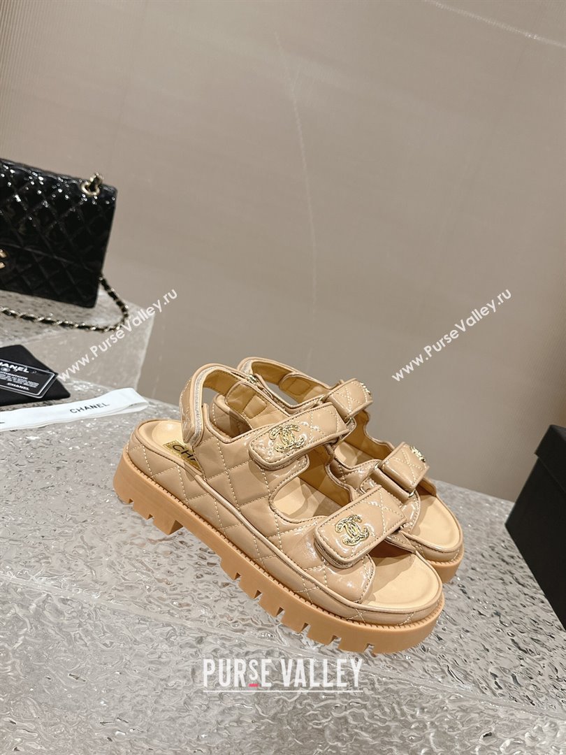 Chanel Calfskin Platform Strap Sandals with Metal-Tone CC Beige 2024 0322 (MD-240322078)