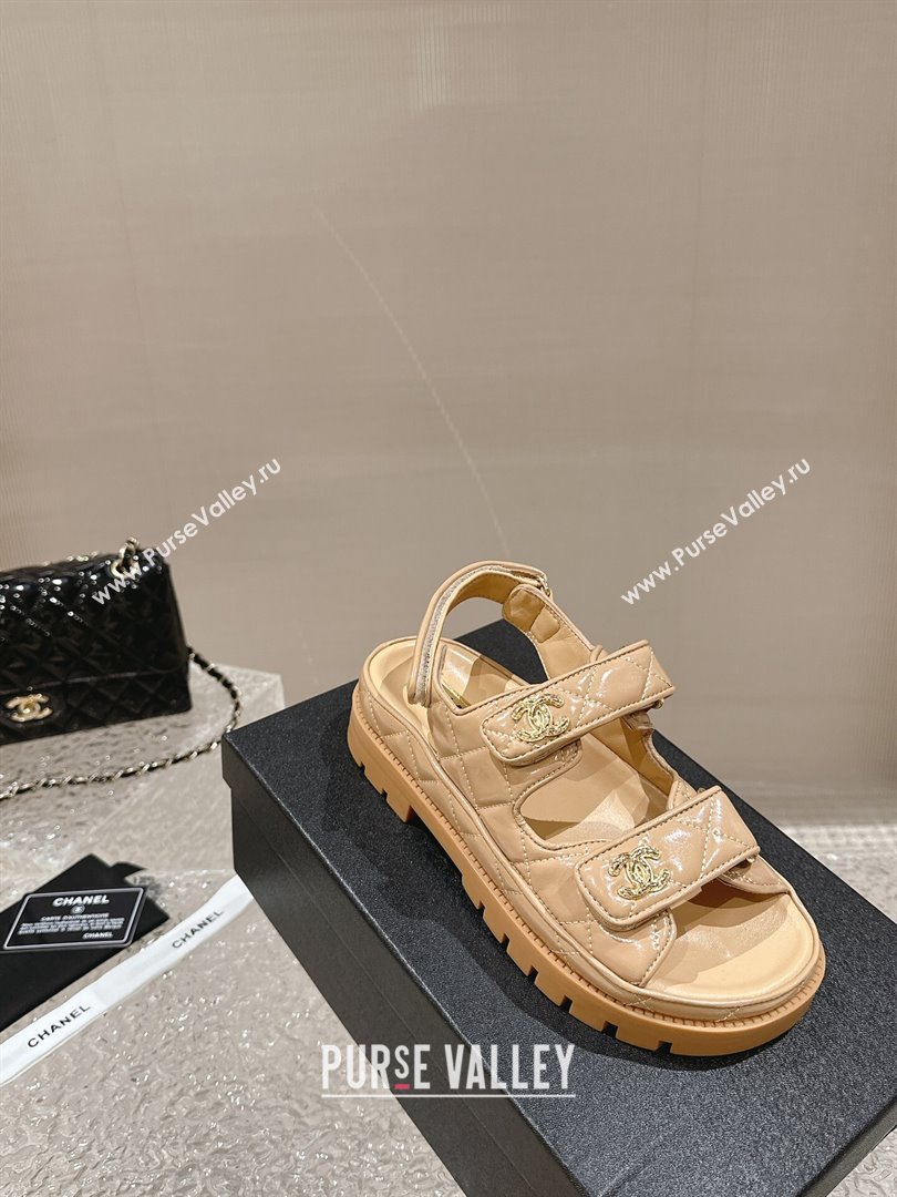 Chanel Calfskin Platform Strap Sandals with Metal-Tone CC Beige 2024 0322 (MD-240322078)