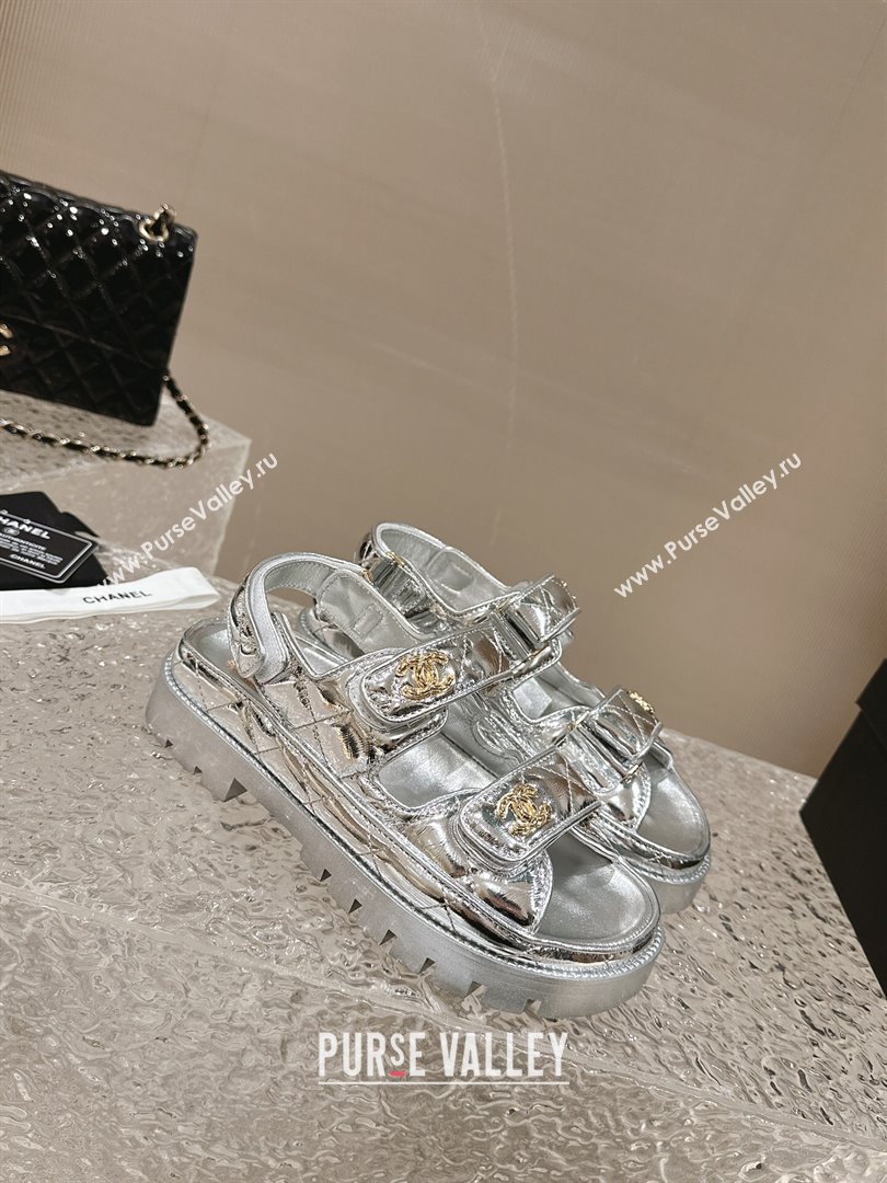 Chanel Calfskin Platform Strap Sandals with Metal-Tone CC Silver 2024 0322 (MD-240322084)