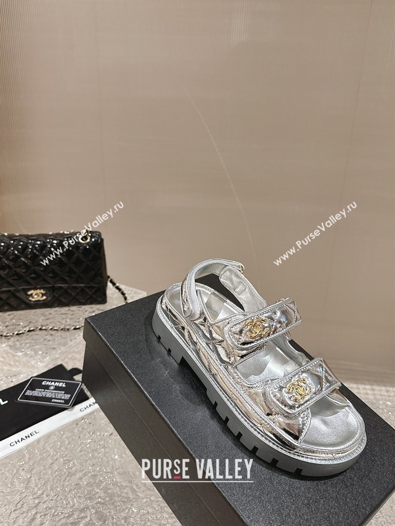 Chanel Calfskin Platform Strap Sandals with Metal-Tone CC Silver 2024 0322 (MD-240322084)