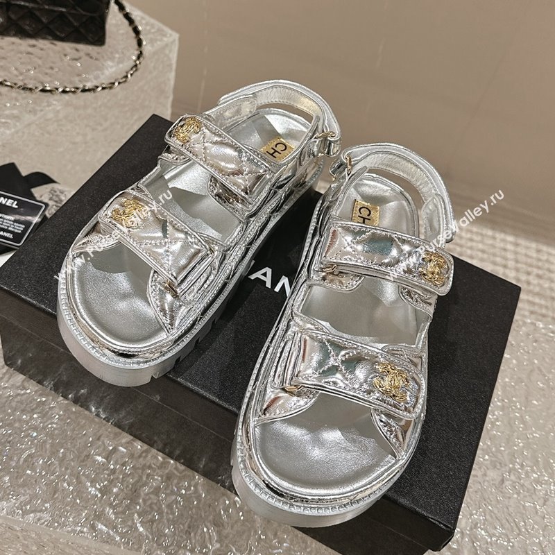 Chanel Calfskin Platform Strap Sandals with Metal-Tone CC Silver 2024 0322 (MD-240322084)