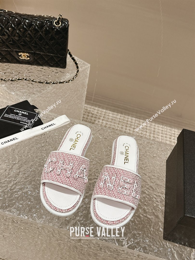 Chanel Tweed Flat Slide Sandals with Chain Logo Pink 2024 0322 (MD-240322085)